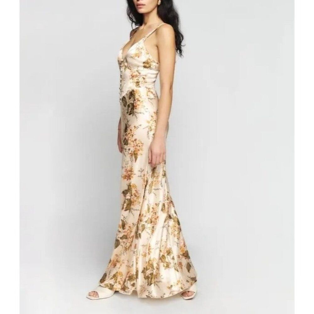 Reformation Floral Silk Slip Maxi Dress in Cream and Gold Tones